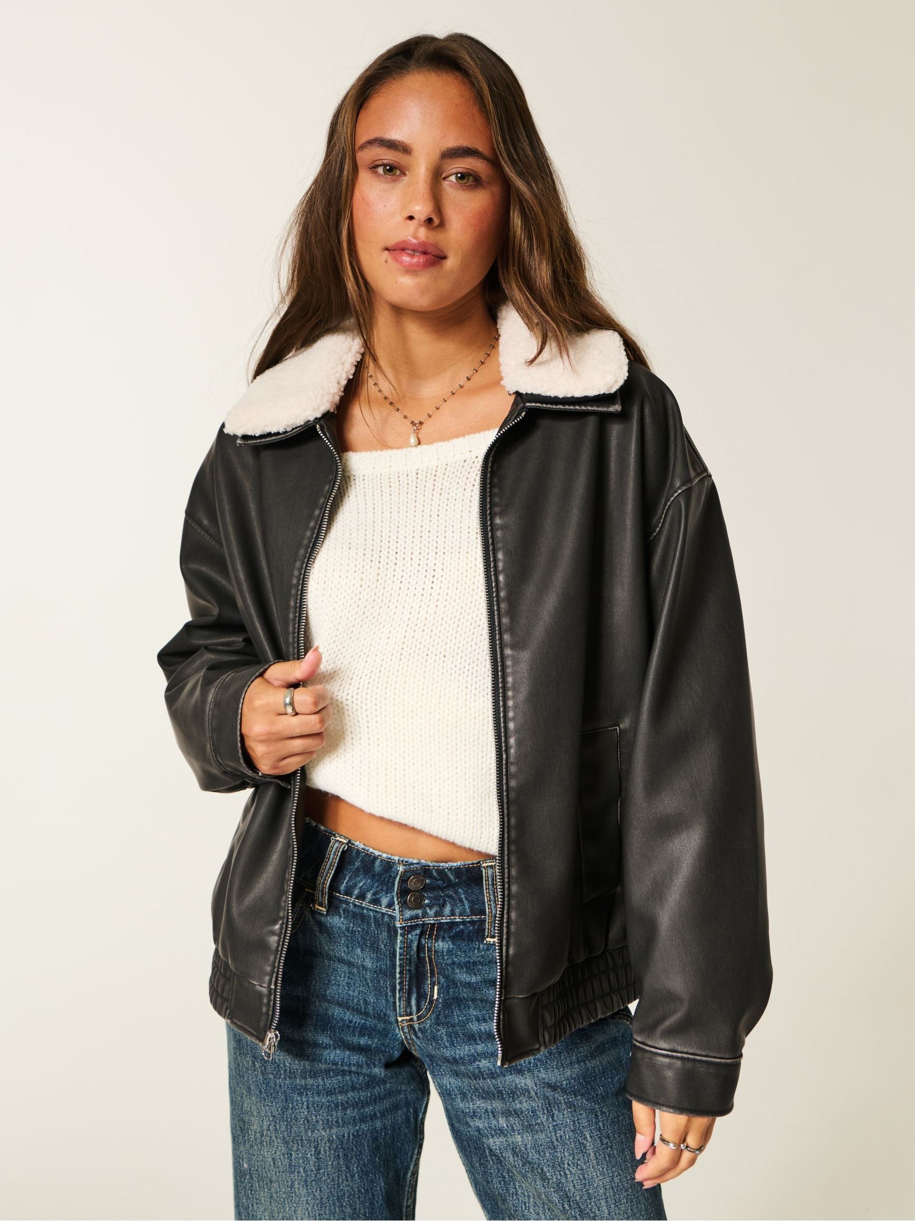 Buy Hollister Black Faux Leather Bomber Jacket With Removable