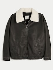 Hollister Faux Leather Bomber Jacket With Removable Collar - Image 1 of 2