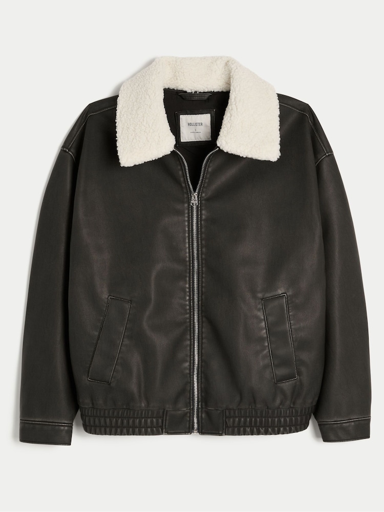 Hollister Faux Leather Bomber Jacket With Removable Collar - Image 1 of 2 Hollister Faux Leather Bomber Jacket With Removable Collar - Image 1 of 2
