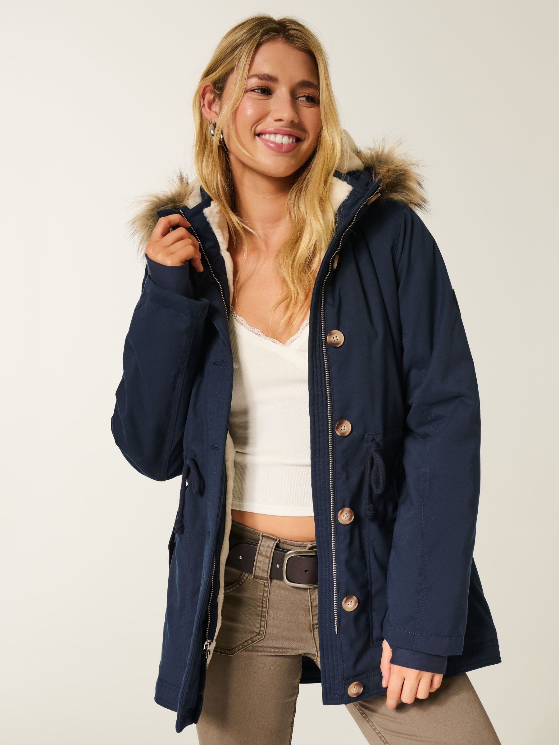 Buy Hollister Blue Teddy Lined Parka Coat With Faux Fur Hood from