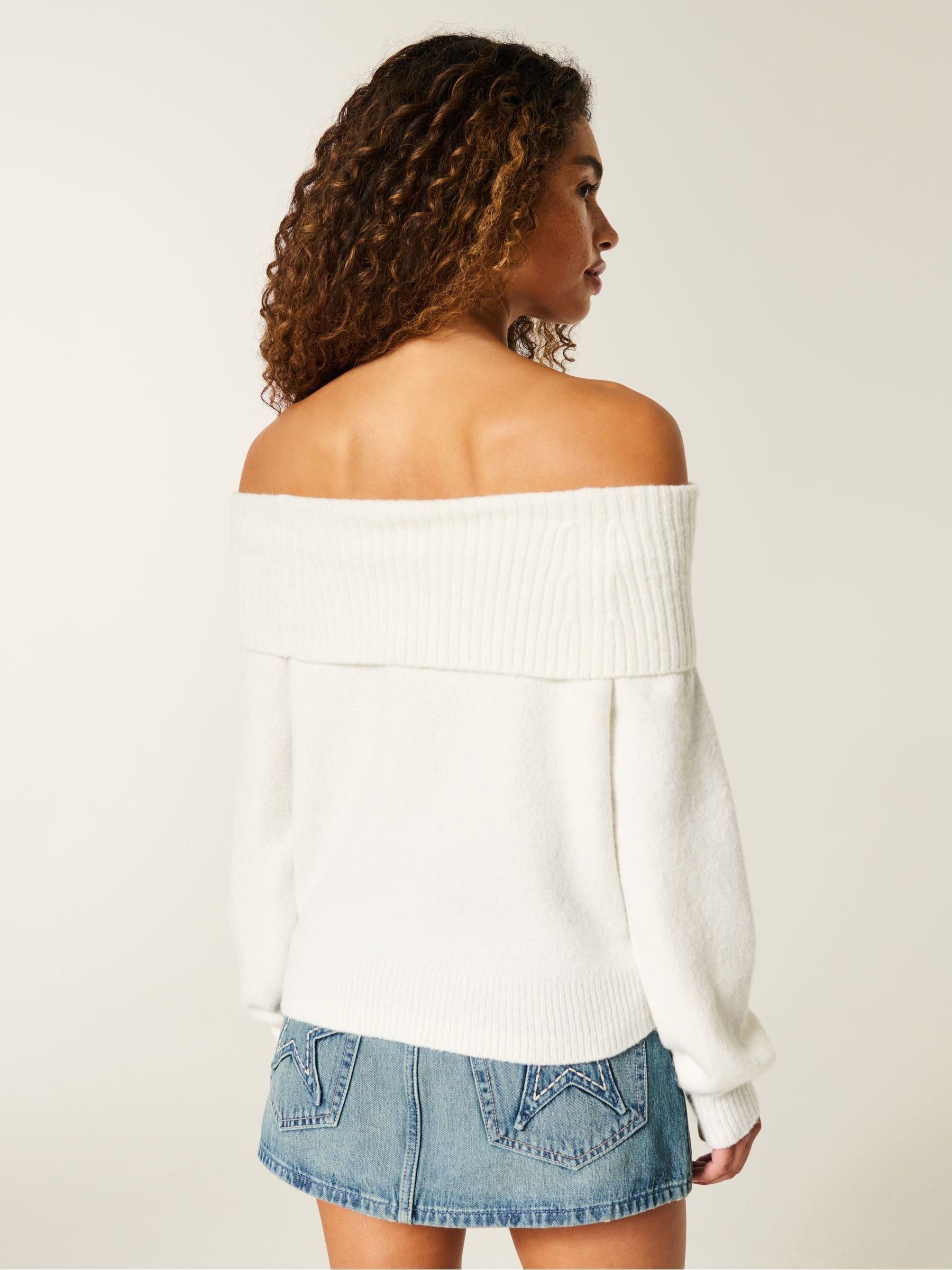 Buy Hollister Cream Twist Foldover Off The Shoulder Knitted Jumper