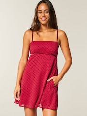 Flocked Polka Dot Chiffon Babydoll White Mini Dress - Image 1 of 4