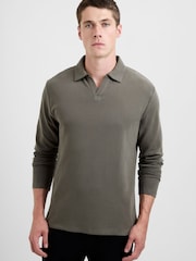 French Connection Green Cotton Long Sleeve Ottoman Open V-Neck Collar Polo Shirt - Image 1 of 3