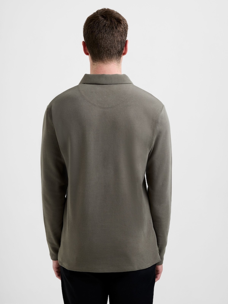 French Connection Green Cotton Long Sleeve Ottoman Open V-Neck Collar Polo Shirt - Image 2 of 3 French Connection Green Cotton Long Sleeve Ottoman Open V-Neck Collar Polo Shirt - Image 2 of 3