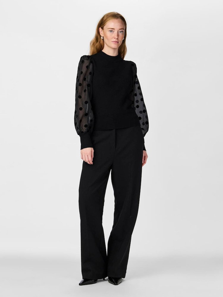 Y.A.S Polka Dot Mesh Sleeve Knitted Long Sleeve Black Top - Bild 1 von 5