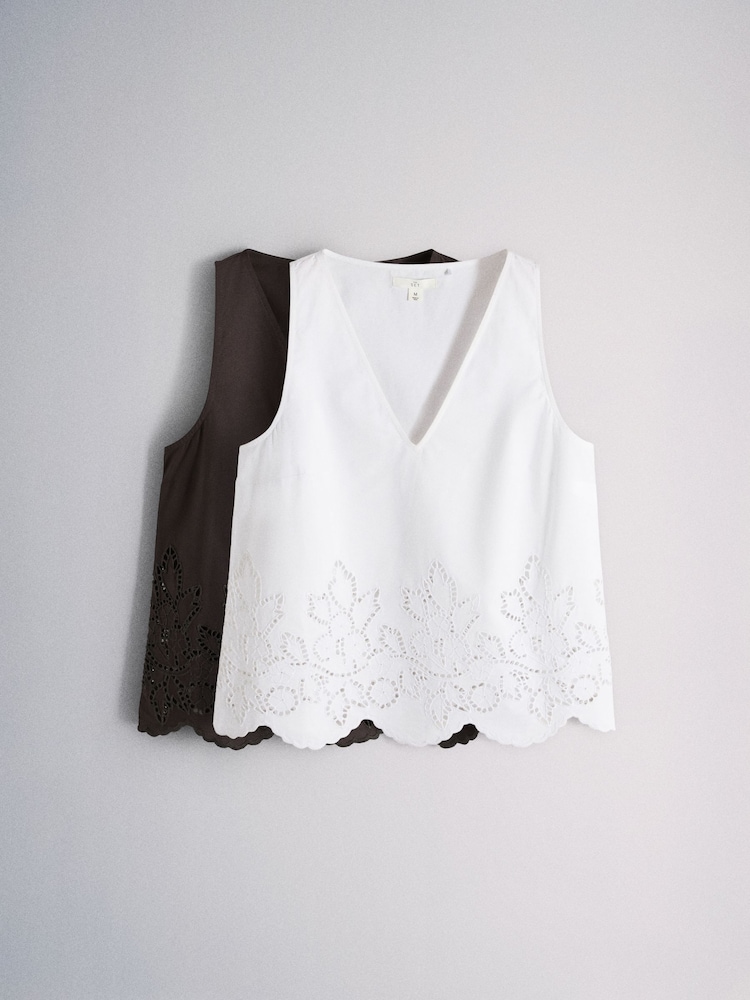 The Set 2 Pack Cotton V-Neck Sleeveless Broderie Top White/Chocolate Brown - Image 2 of 11 The Set 2 Pack Cotton V-Neck Sleeveless Broderie Top White/Chocolate Brown - Image 2 of 11
