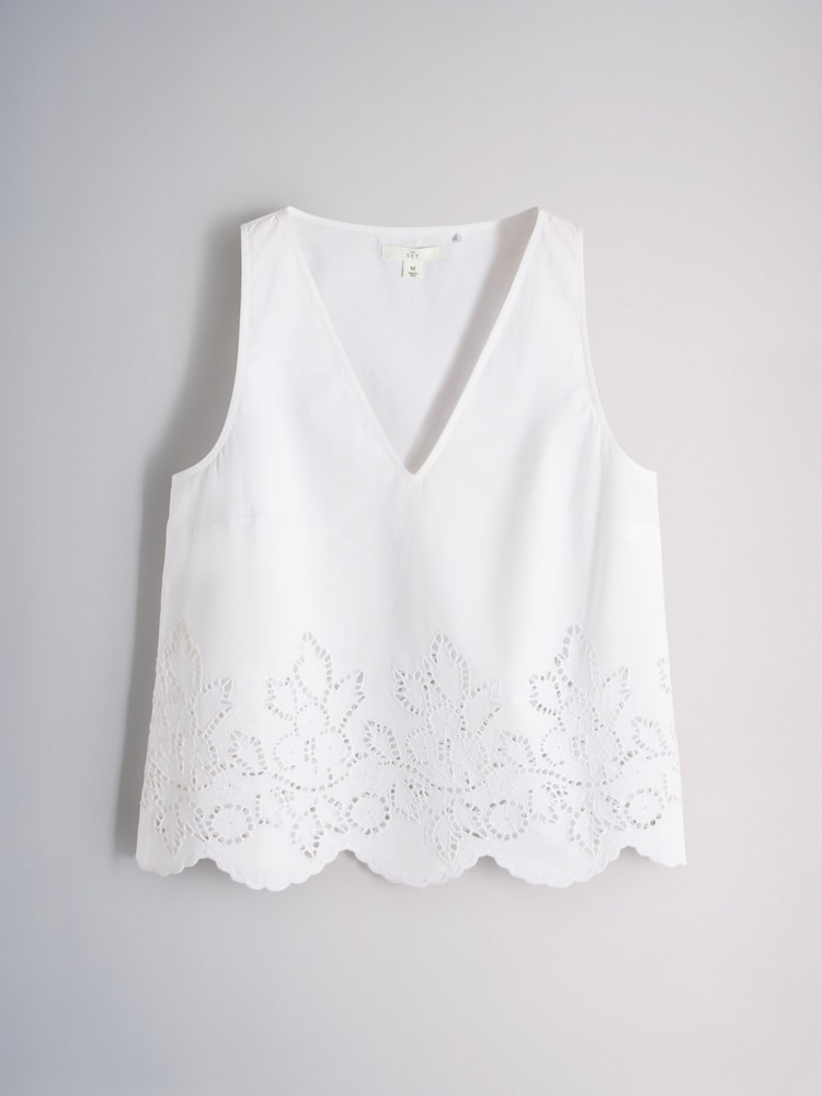 The Set 2 Pack Cotton V-Neck Sleeveless Broderie Top White/Chocolate Brown - Image 8 of 8 The Set 2 Pack Cotton V-Neck Sleeveless Broderie Top White/Chocolate Brown - Image 8 of 8