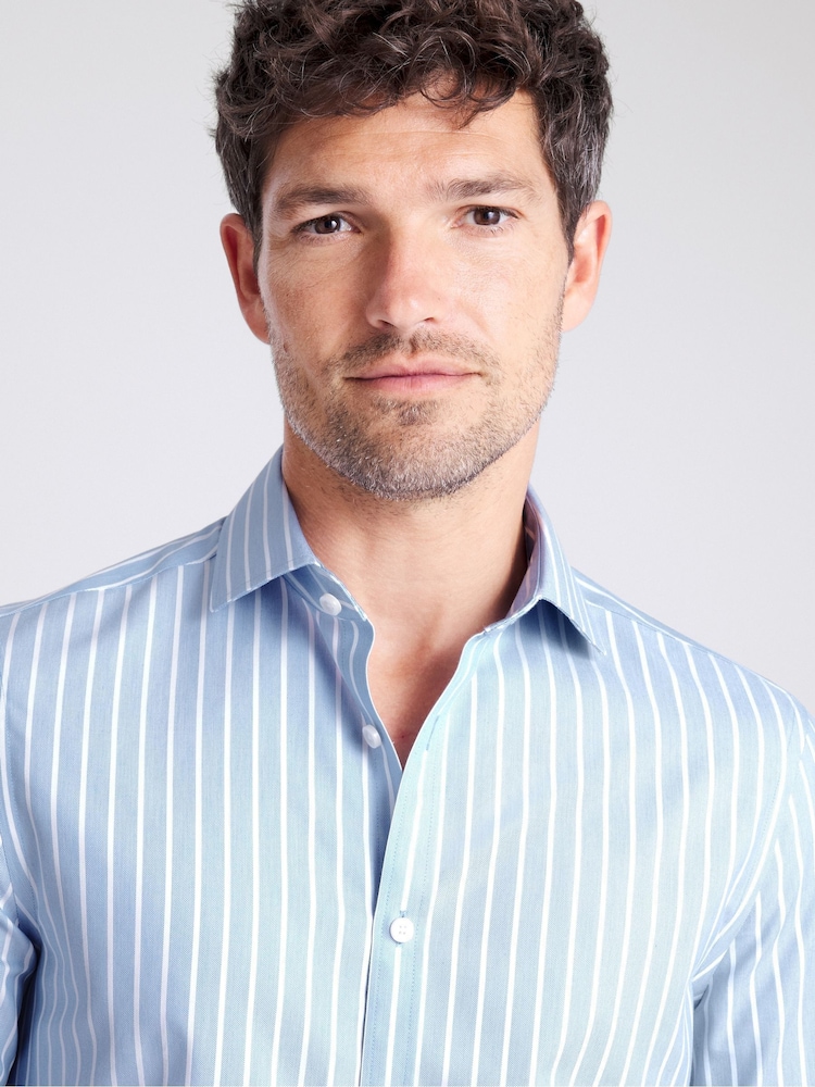 MOSS Slim Fit Blue Wide Stripe Non-Iron Shirt - Image 2 of 3