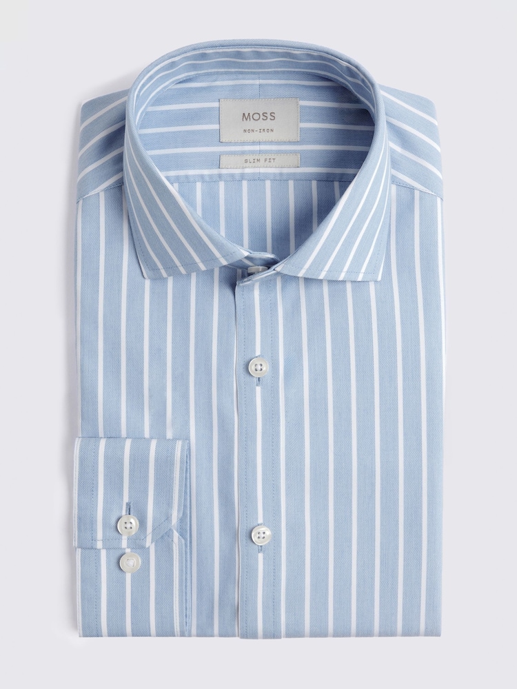MOSS Slim Fit Blue Wide Stripe Non-Iron Shirt - Image 3 of 3