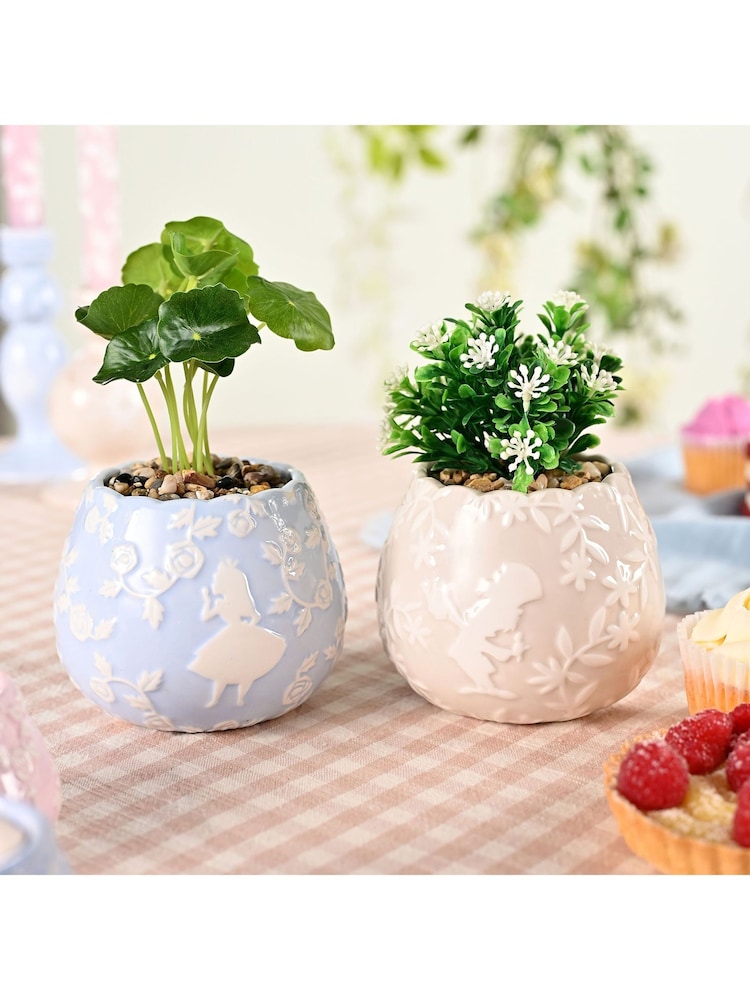 Widdop Set of 2 Blue Mini Disney Alice in Wonderland Planters with Faux Plants - Image 1 of 4 Widdop Set of 2 Blue Mini Disney Alice in Wonderland Planters with Faux Plants - Image 1 of 4