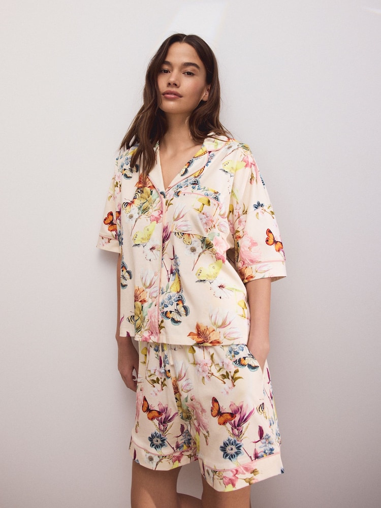Cream Butterfly Jersey Button Through Short Set Pyjamas - Image 1 of 11