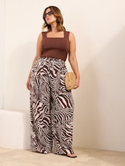 Friends Like These Brown Zebra Curve Super Wide Leg Trousers with Linen - Image 1 of 5