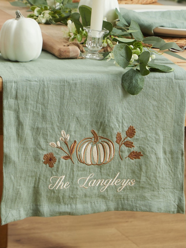 Made Yours Green Personalised Autumn Rosemary Linen Table Runner - Image 1 of 2 Made Yours Green Personalised Autumn Rosemary Linen Table Runner - Image 1 of 2