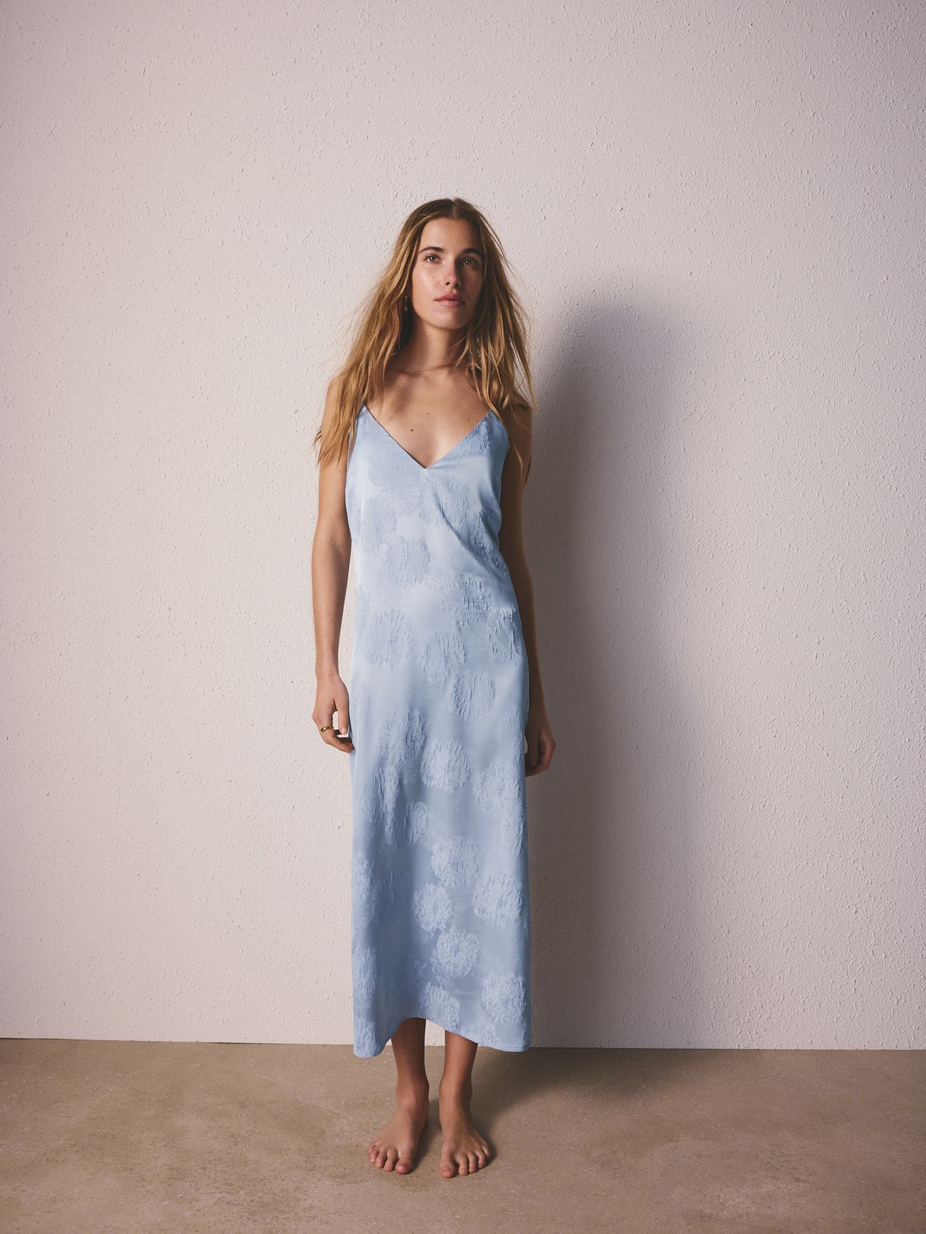 Buy Pale Blue N. Premium Satin Floral Jacquard Floaty Longline V