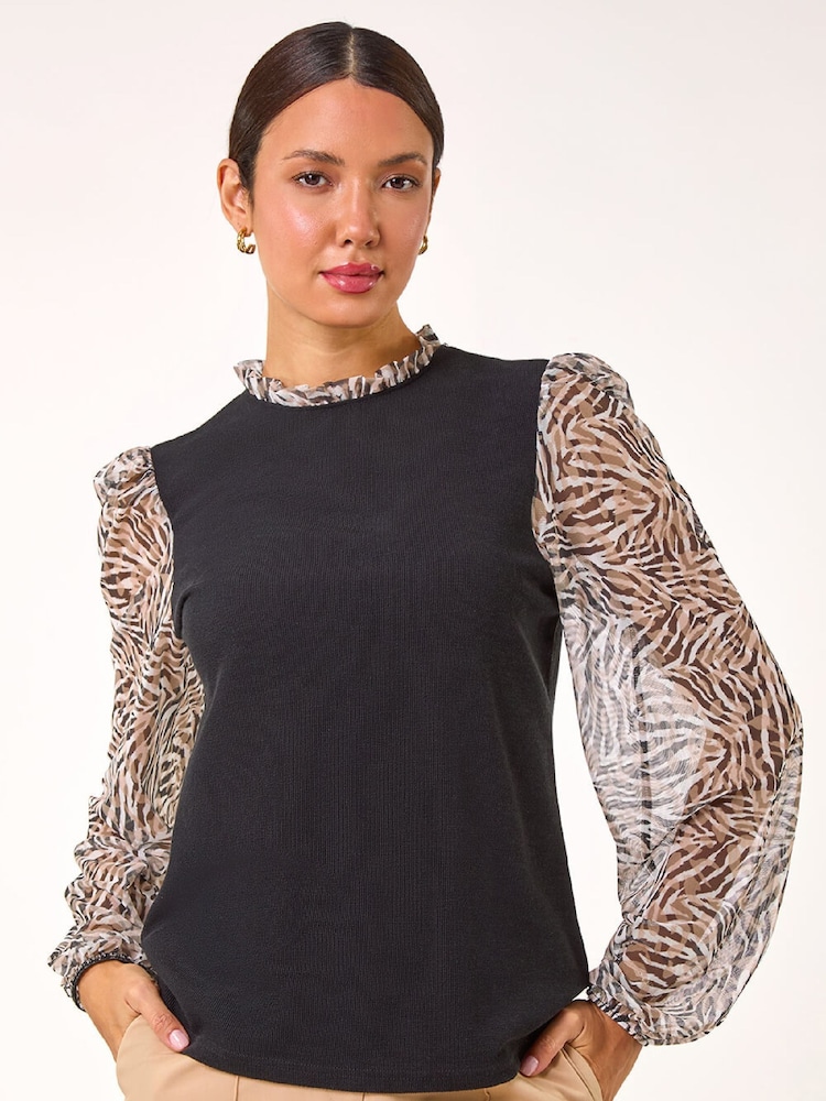 Roman Natural Contrast Animal Print Mesh Stretch Blouse - Image 1 of 4