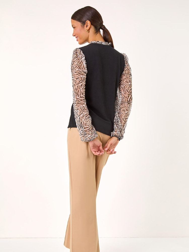 Roman Natural Contrast Animal Print Mesh Stretch Blouse - Image 4 of 4