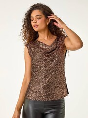 Roman Metallic Sequin Cowl Neck Stretch Jersey Vest Top - Image 1 of 5