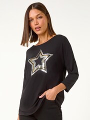 Roman Metallic Embelished Sequin Star Stretch Blouse - Image 1 of 5