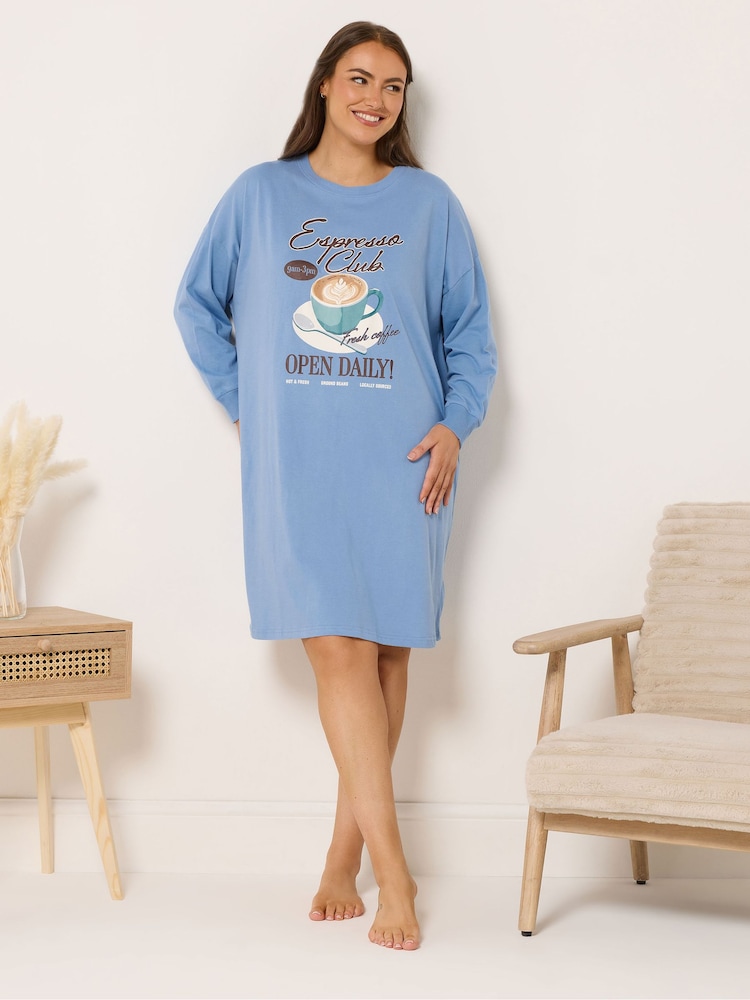 Yours Curve Blue Long Sleeve Nightdress - Image 1 of 5 Yours Curve Blue Long Sleeve Nightdress - Image 1 of 5