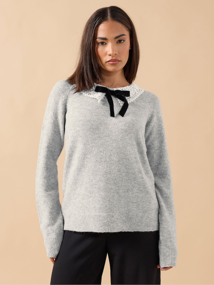 PixieGirl Petite Grey Lace Collar Jumper - Image 1 of 5 PixieGirl Petite Grey Lace Collar Jumper - Image 1 of 5