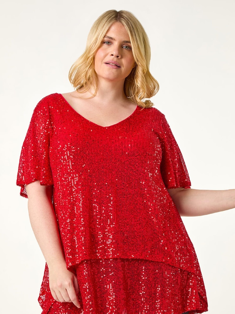 Roman Red Curve Flare Sleeve Sequin Blouse - Image 1 of 5