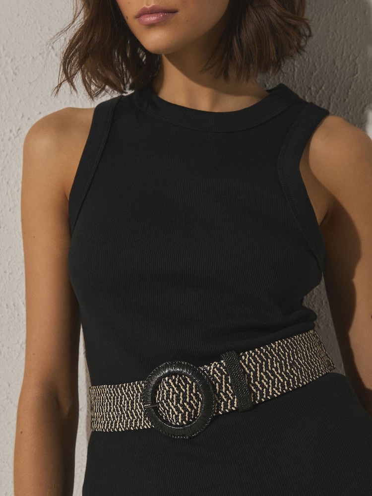 Black/White Wide Geometric Pattern Raffia Belt - Image 1 of 5