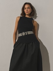 Black/White Wide Geometric Pattern Raffia Belt - Image 2 of 5