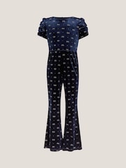 Monsoon Blue Bow Embellished Velvet Flare Jumpsuit - Image 2 of 4