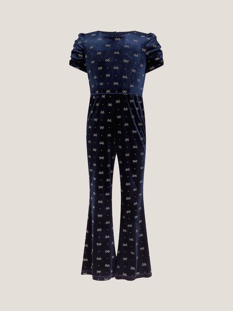 Monsoon Blue Bow Embellished Velvet Flare Jumpsuit - Image 2 of 4 Monsoon Blue Bow Embellished Velvet Flare Jumpsuit - Image 2 of 4