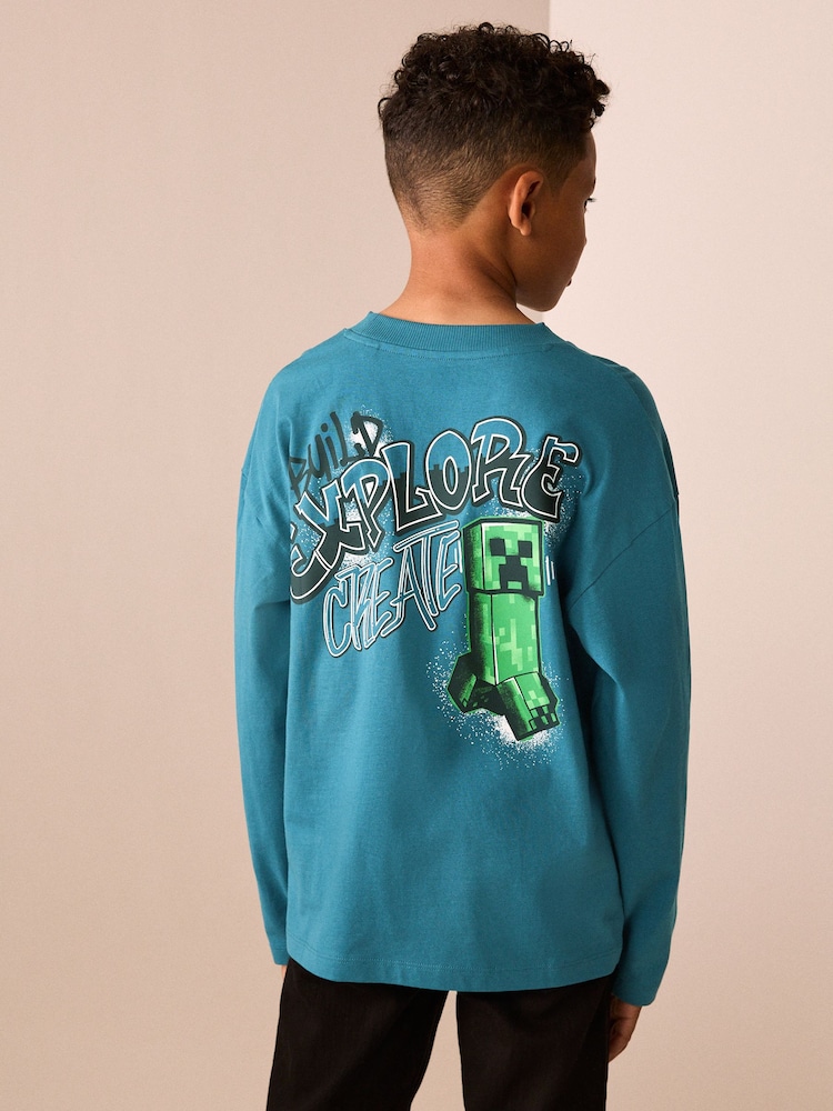 Teal Blue Long Sleeve Minecraft T-Shirt (3-16yrs) - Image 2 of 10