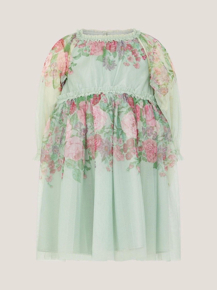 Monsoon Green Baby Nadia Long Sleeve Rose Party Dress - Image 1 of 3