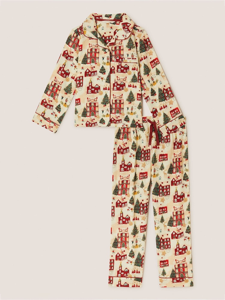 Monsoon Cream Christmas Scene Print Long Pyjamas Set - Image 1 of 3