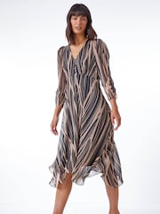 Roman Black Abstract Chiffon Wrap Asymmetric Midi Dress - Image 1 of 5