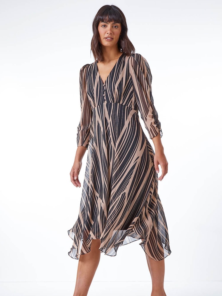Roman Black Abstract Chiffon Wrap Asymmetric Midi Dress - Image 1 of 5 Roman Black Abstract Chiffon Wrap Asymmetric Midi Dress - Image 1 of 5