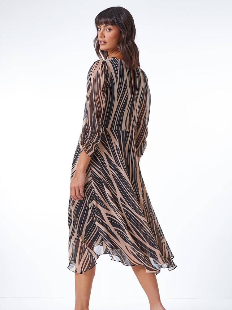 Roman Black Abstract Chiffon Wrap Asymmetric Midi Dress - Image 2 of 5