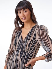 Roman Black Abstract Chiffon Wrap Asymmetric Midi Dress - Image 4 of 5
