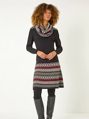 Roman Red 2 in 1 Nordic Print Scarf Neck Knitted Dress - Image 1 of 5