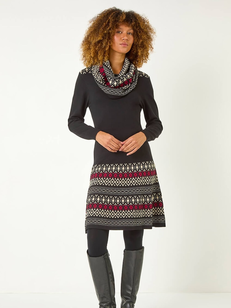 Roman Red 2 in 1 Nordic Print Scarf Neck Knitted Dress - Image 1 of 5 Roman Red 2 in 1 Nordic Print Scarf Neck Knitted Dress - Image 1 of 5