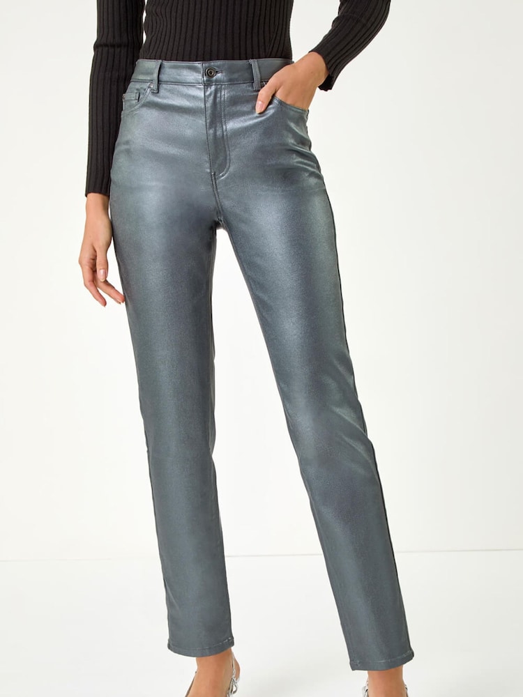 Roman Metallic Coated Mom Style Denim Trousers - Image 1 of 5