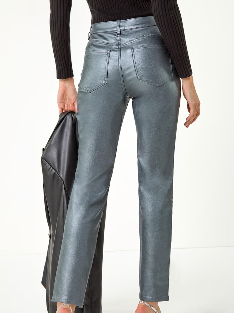 Roman Metallic Coated Mom Style Denim Trousers - Image 2 of 5