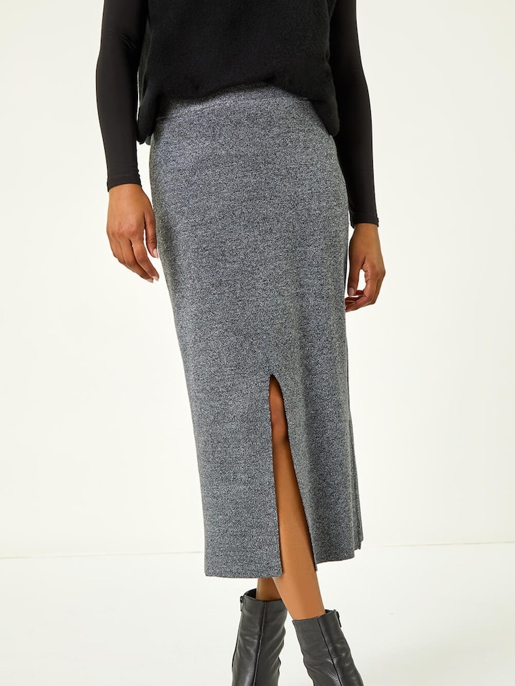 Roman Grey Front Split Knitted Midi Skirt - Image 1 of 4
