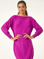 Roman Purple Button Detail Slash Neck Knitted Stretch Dress - Image 2 of 5