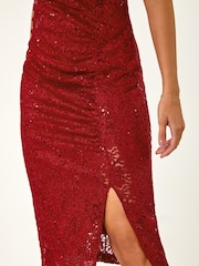 Roman Red Shimmer Lace Side Ruched Stretch Dress - Image 2 of 5