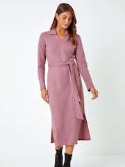 Roman Pink Ribbed Midi Jumper Stretch Dress - Image 1 of 5