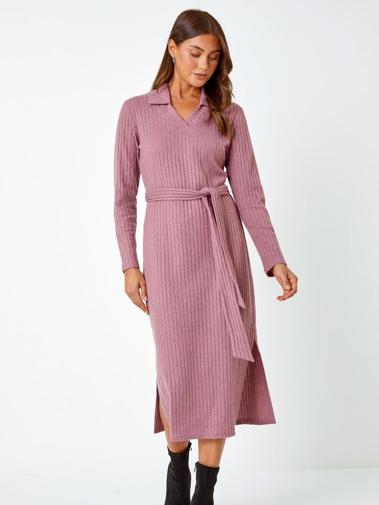 Roman Pink Ribbed Midi Jumper Stretch Dress - Image 1 of 5 Roman Pink Ribbed Midi Jumper Stretch Dress - Image 1 of 5