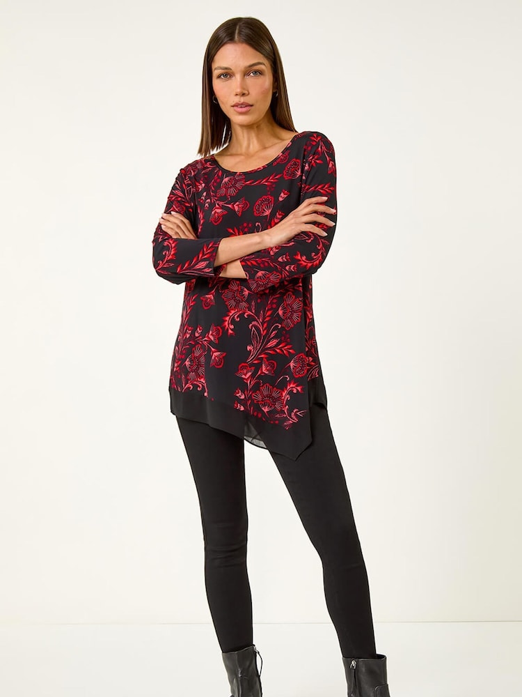 Roman Red Floral Print Chiffon Hem Stretch Tunic Top - Image 1 of 5 Roman Red Floral Print Chiffon Hem Stretch Tunic Top - Image 1 of 5
