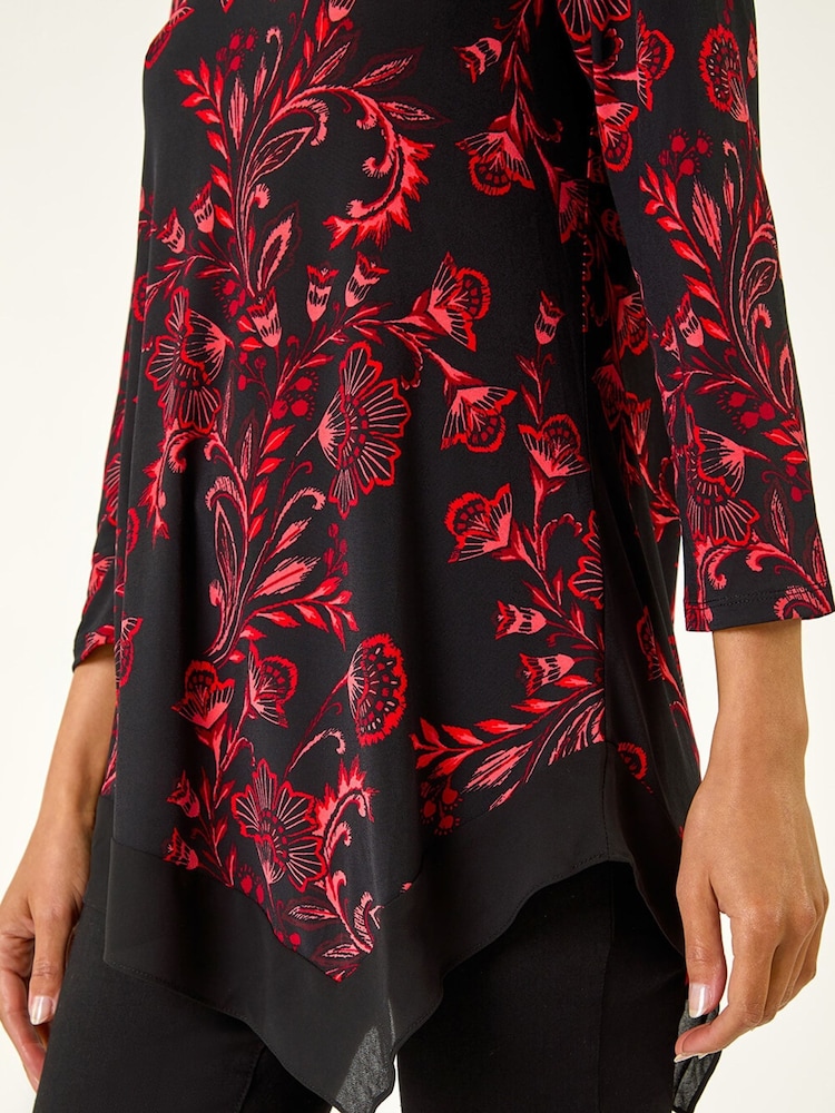 Roman Red Floral Print Chiffon Hem Stretch Tunic Top - Image 2 of 5