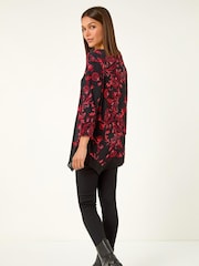 Roman Red Floral Print Chiffon Hem Stretch Tunic Top - Image 3 of 5
