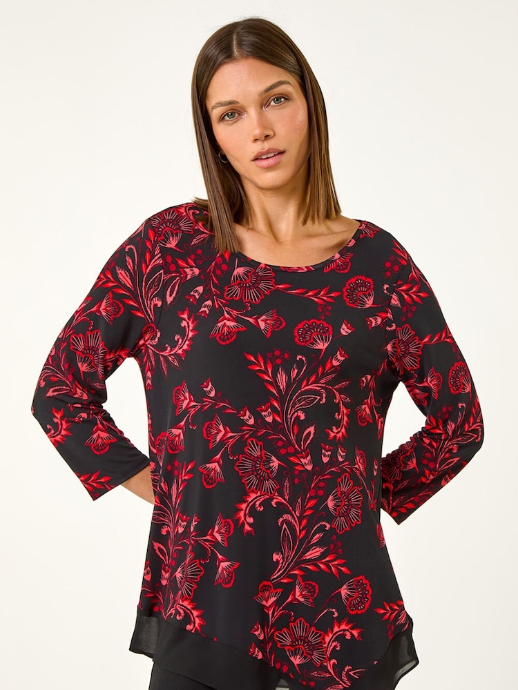 Roman Red Floral Print Chiffon Hem Stretch Tunic Top - Image 5 of 5