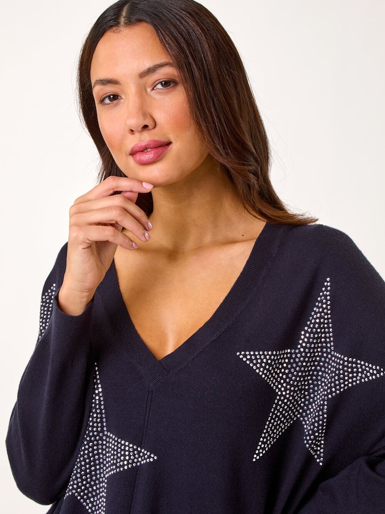 Roman Blue Star Detail Hanky Hem Knit Jumper - Image 2 of 5 Roman Blue Star Detail Hanky Hem Knit Jumper - Image 2 of 5